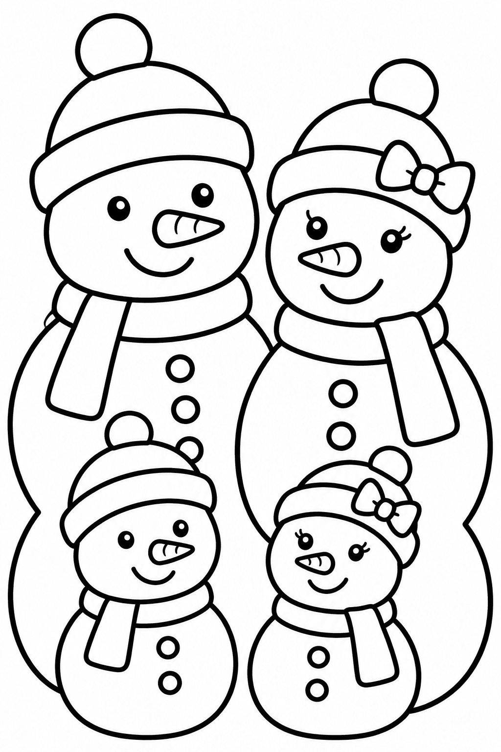 Snowman Family coloring page: This coloring page features a cheerful snowman family wearing colorful scarves and hats. They are standing together in a winter scene.