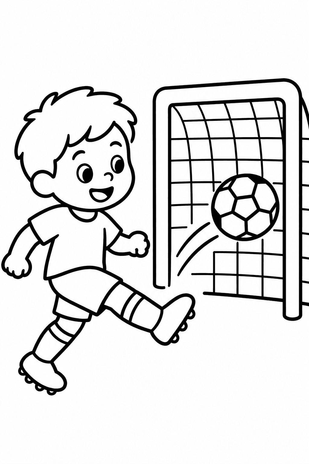 Soccer Star coloring page: A child is kicking a soccer ball towards a goal. The scene captures the excitement of playing soccer.