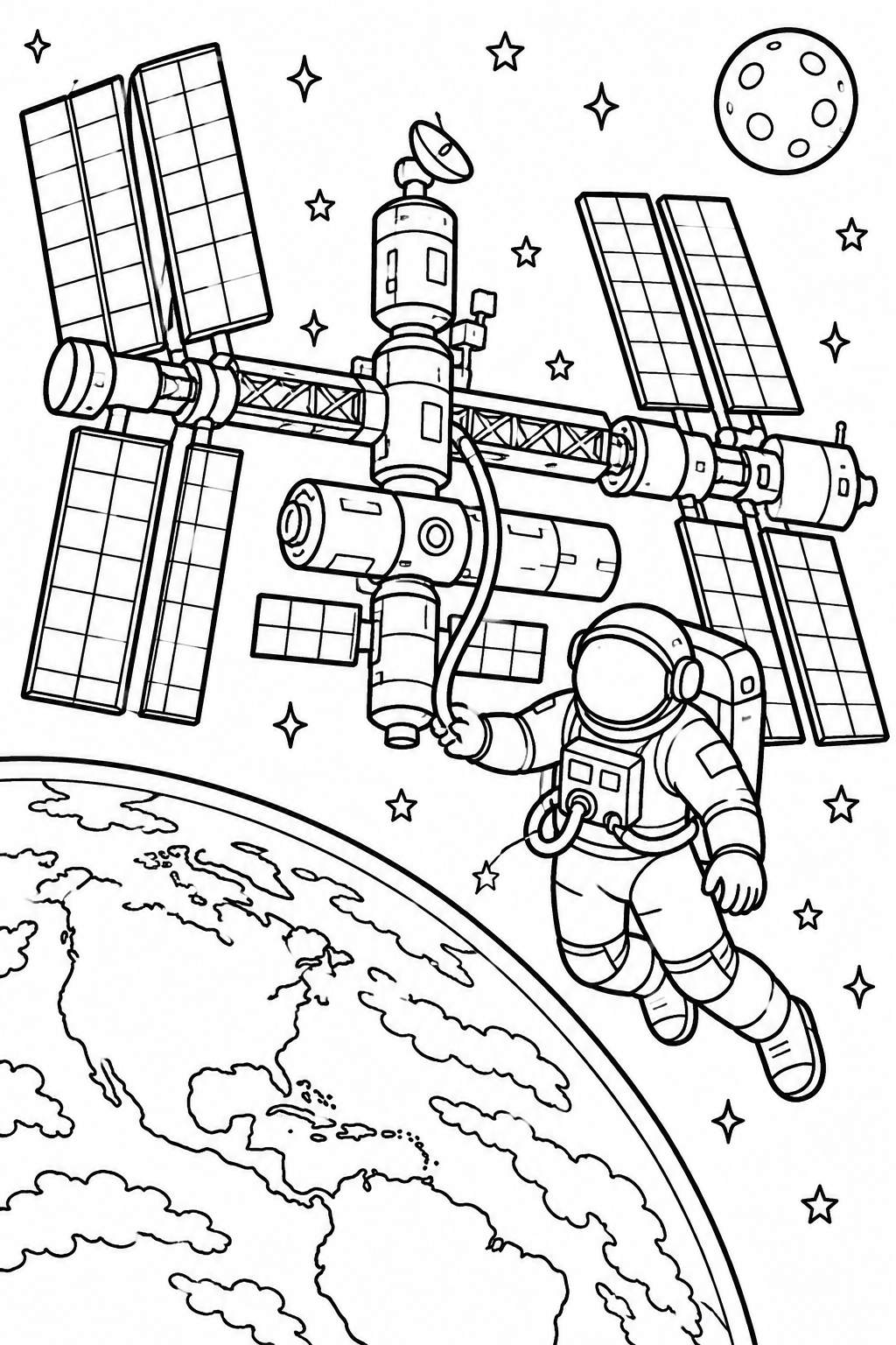 Space Station Adventure coloring page: A space station orbits Earth while an astronaut is spacewalking nearby. This coloring page captures the excitement of space exploration.