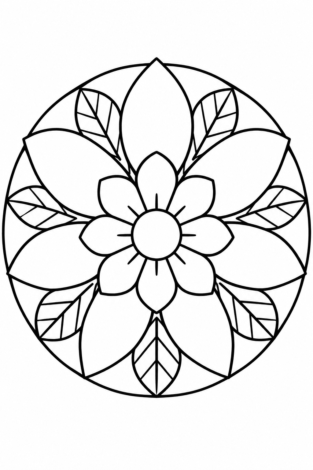 Sunflower Mandala coloring page: This coloring page features a round mandala design made up of large sunflower petals and simple leaf shapes. It offers a beautiful floral pattern for kids to color in.