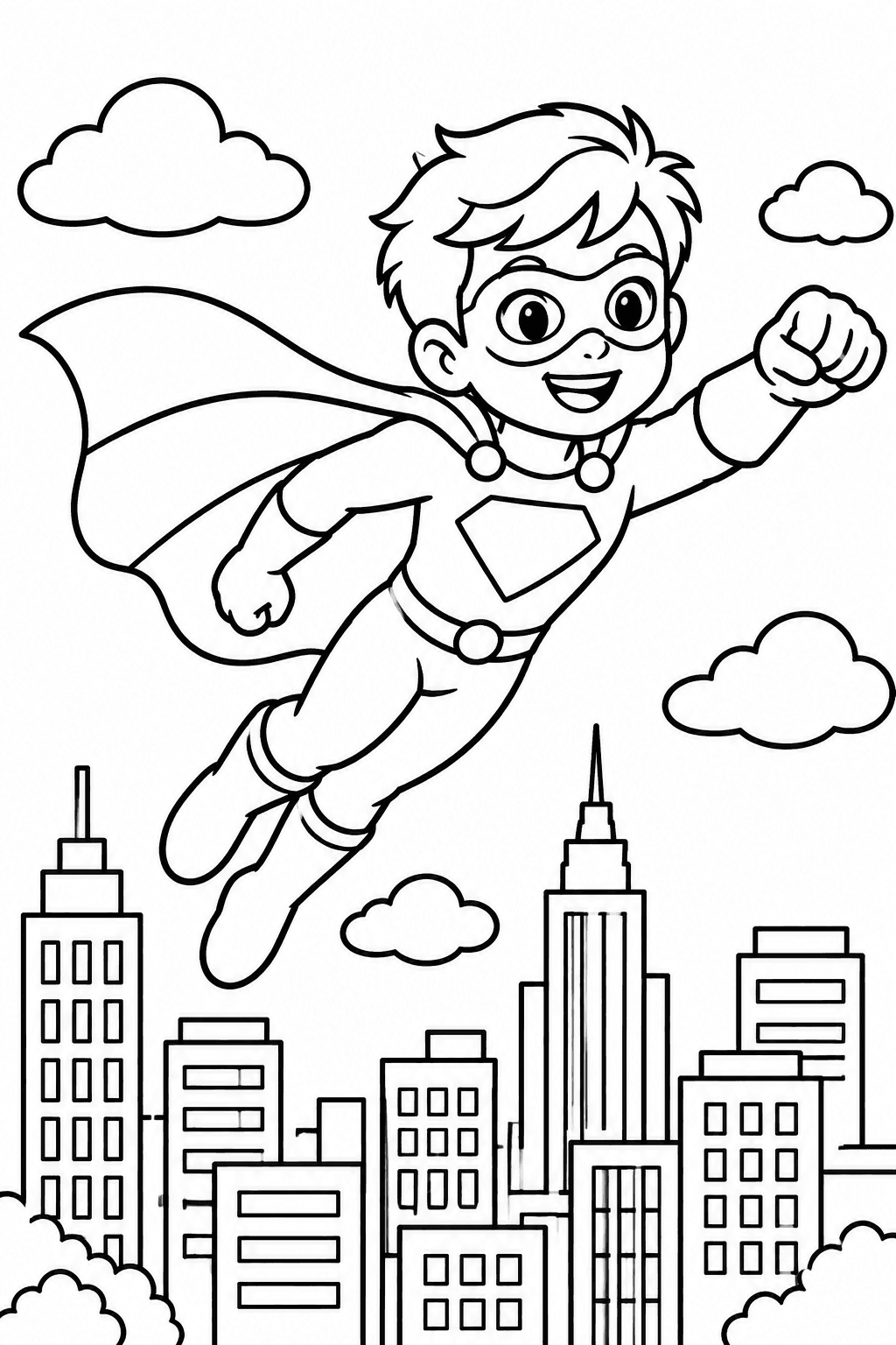 Superhero Kid coloring page: This coloring page features a kid superhero wearing a cape as they fly over a city. The scene captures the excitement of a young hero in action.
