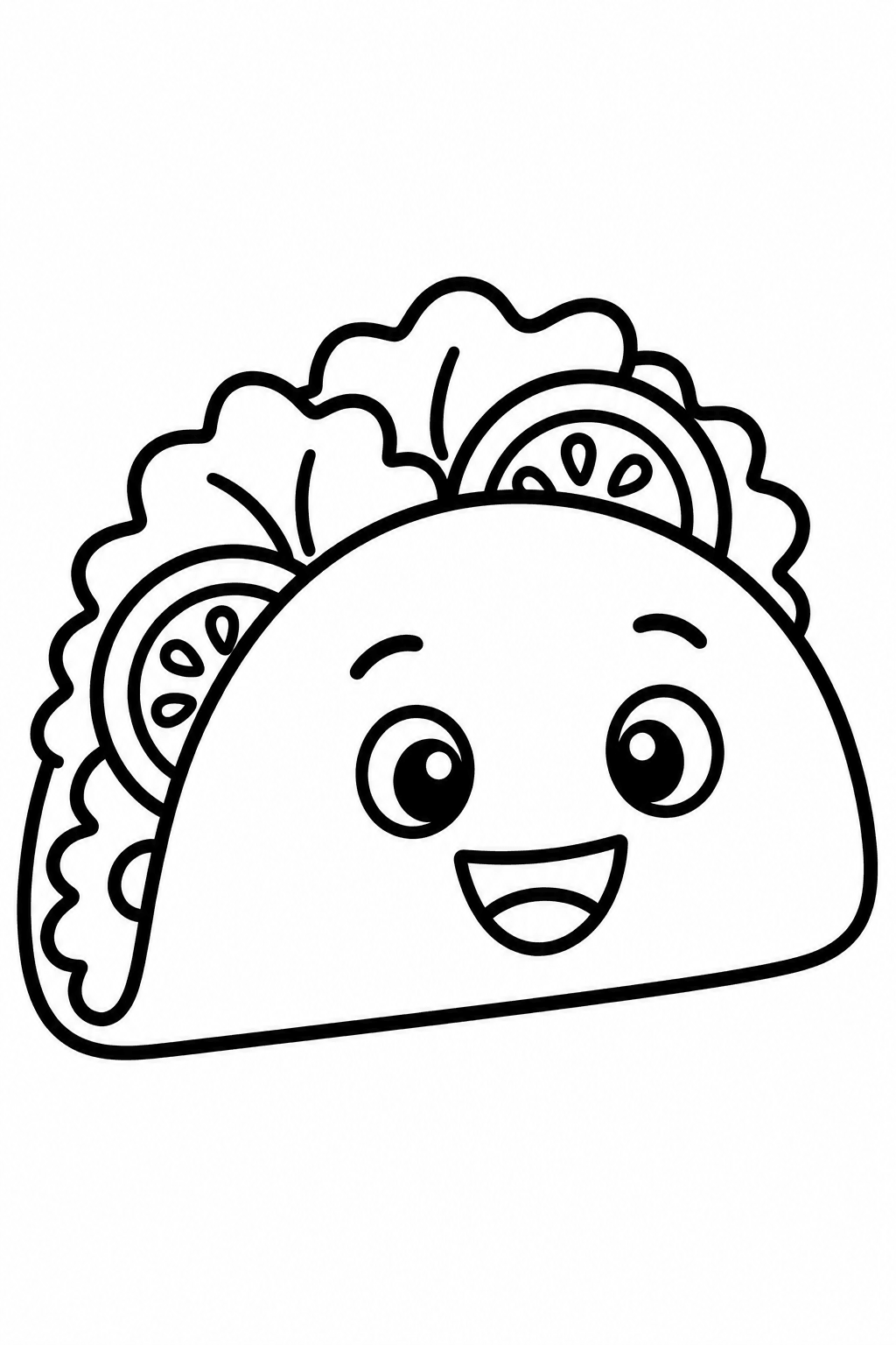 Taco Tuesday coloring page: This coloring page features a cheerful taco filled with fresh lettuce and tomato. It's perfect for kids who love food and want to have fun coloring.