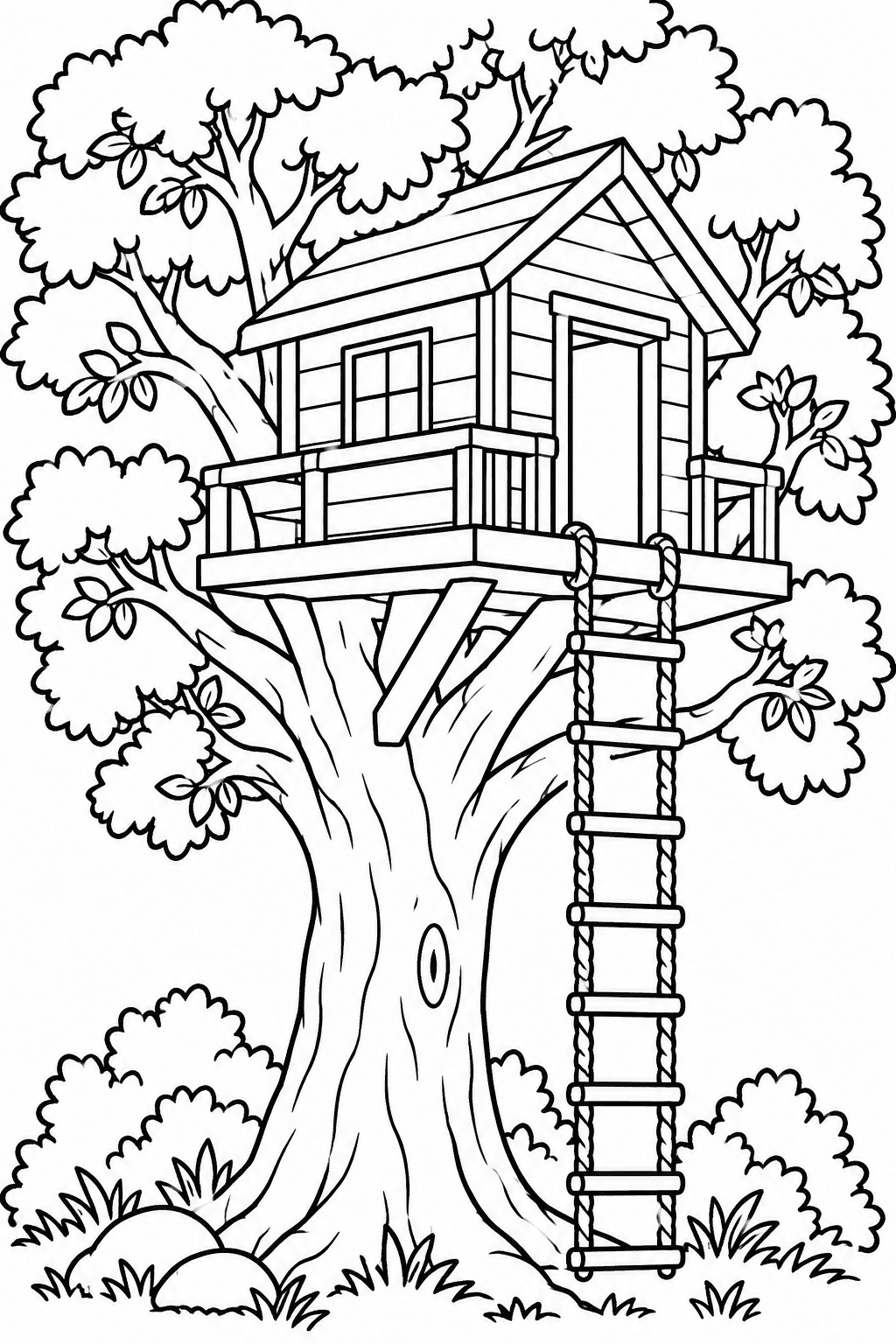 Treehouse Hideout coloring page: This coloring page features a cozy treehouse nestled in a large tree, complete with a rope ladder leading up to it. Kids can imagine all sorts of adventures in their very own hideout among the branches.