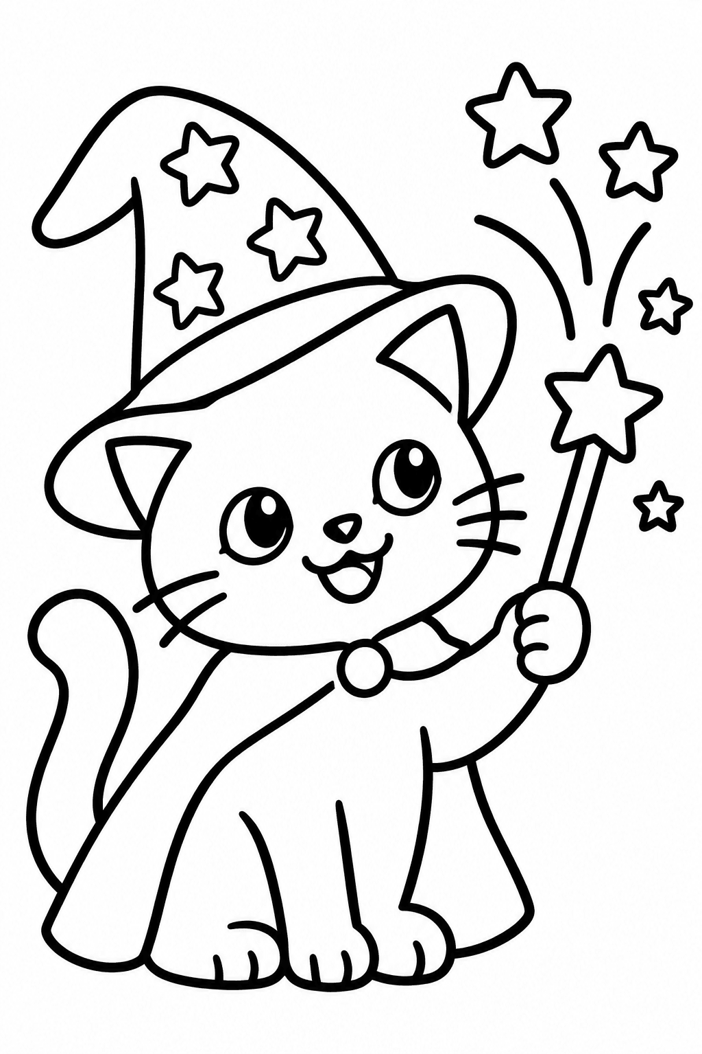 Wizard Cat coloring page: This coloring page features a cat wearing a wizard hat and casting sparkly stars. It's a fun and magical scene for kids to color.