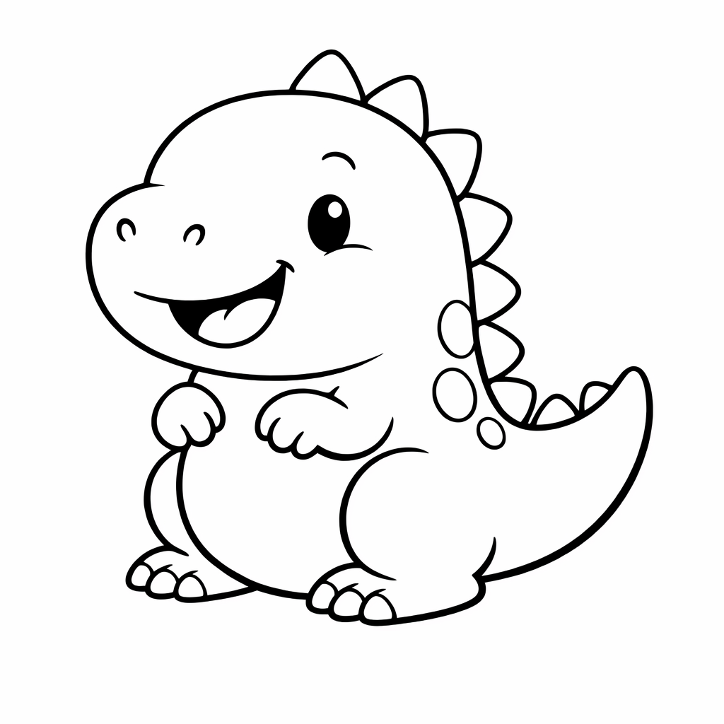 Friendly Dinosaur coloring page: A friendly dinosaur stands with a big smile, surrounded by trees and plants. This dinosaur looks happy and ready for a fun adventure.