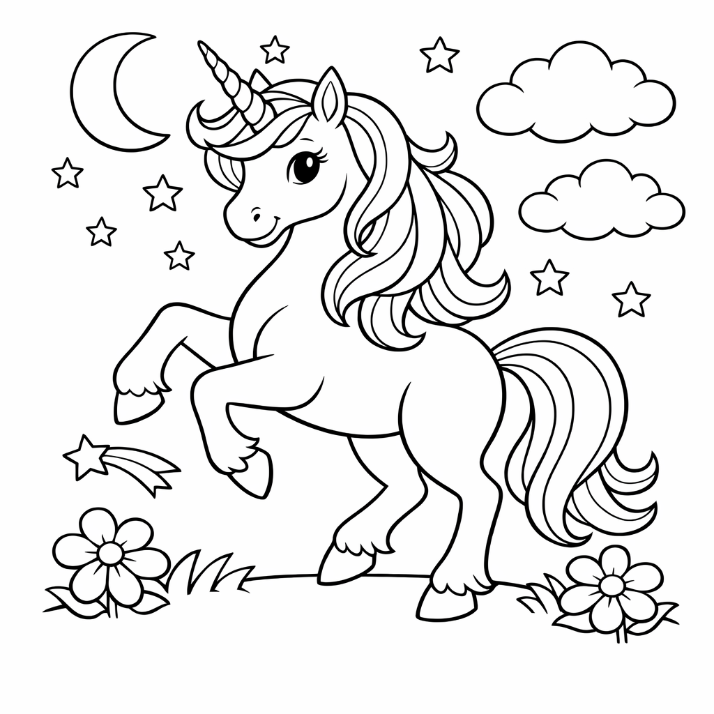 Magical Unicorn coloring page: A magical unicorn prances through a whimsical landscape with a flowing mane and a sparkling horn. It is surrounded by clouds and stars, adding to its enchanting presence.