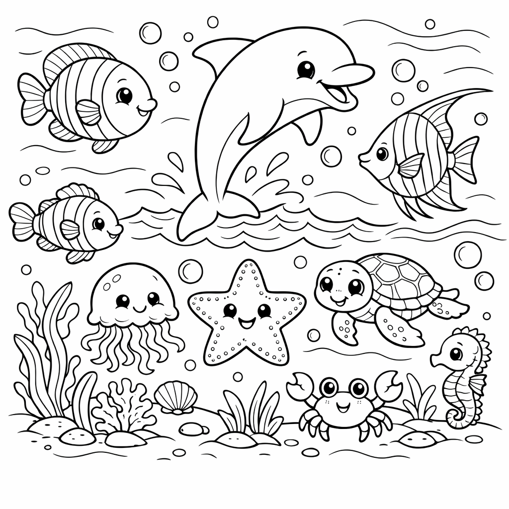 Ocean Friends coloring page: A group of ocean friends, including a cheerful dolphin, a playful sea turtle, and colorful fish, swim together in the sea. They are surrounded by coral and bubbles.