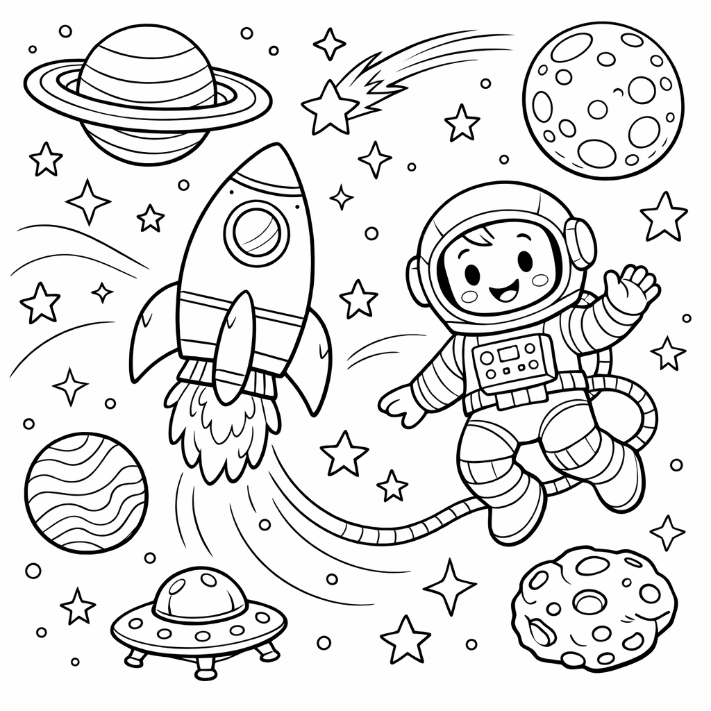 Space Adventure coloring page: A space adventure scene featuring a rocket ship blasting off into the starry sky, with planets and asteroids in the background. It captures the excitement of exploring outer space.