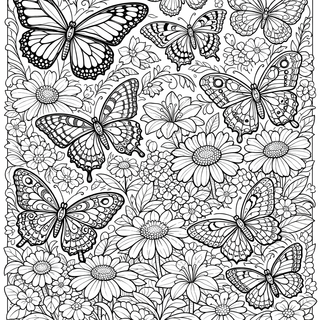 Butterfly Garden coloring page: A beautiful butterfly garden filled with various butterflies fluttering around colorful flowers. The scene is vibrant and lively, perfect for nature lovers.