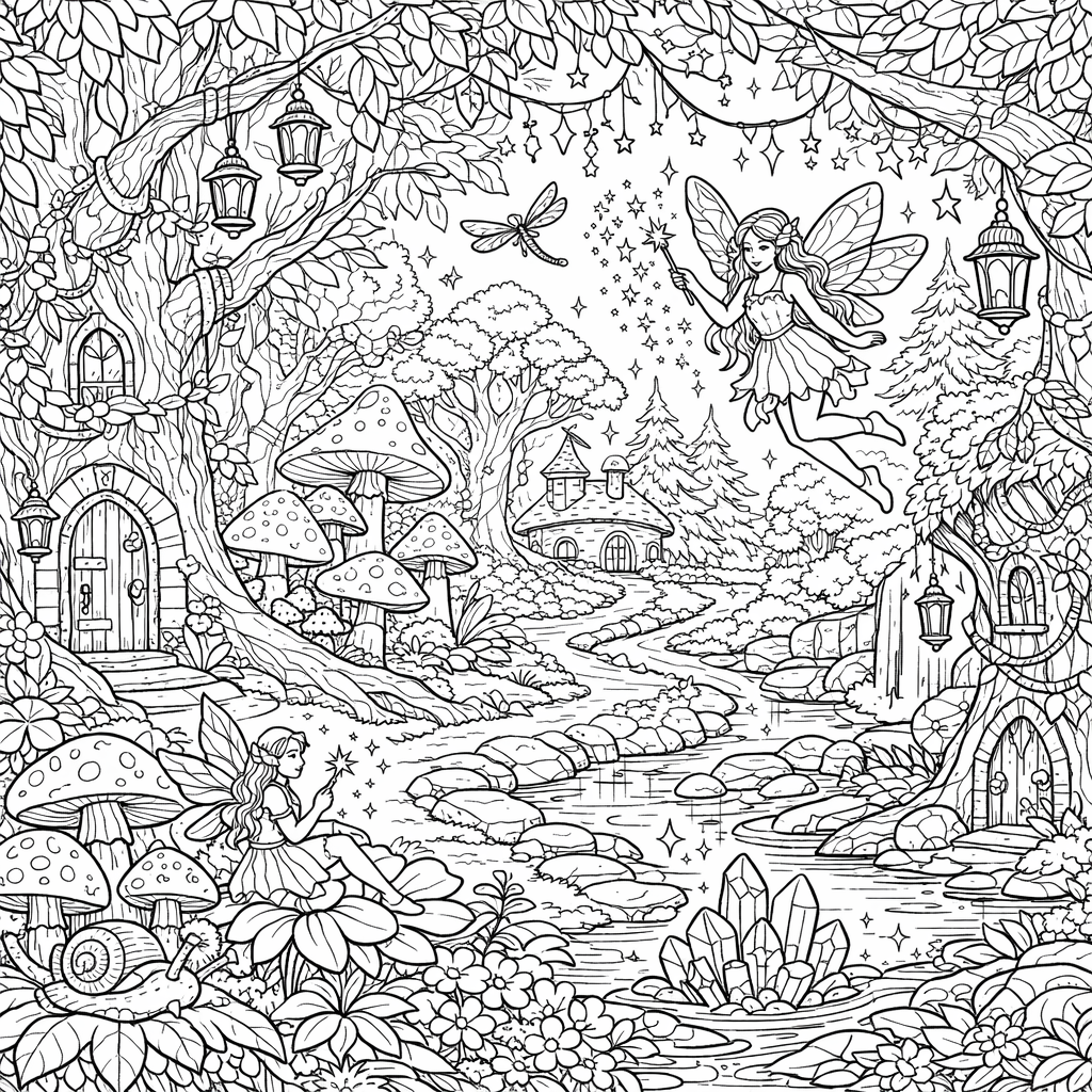 Enchanted Forest coloring page: An enchanted forest filled with tall trees, magical creatures, and a sparkling stream. The scene is serene and invites imagination.