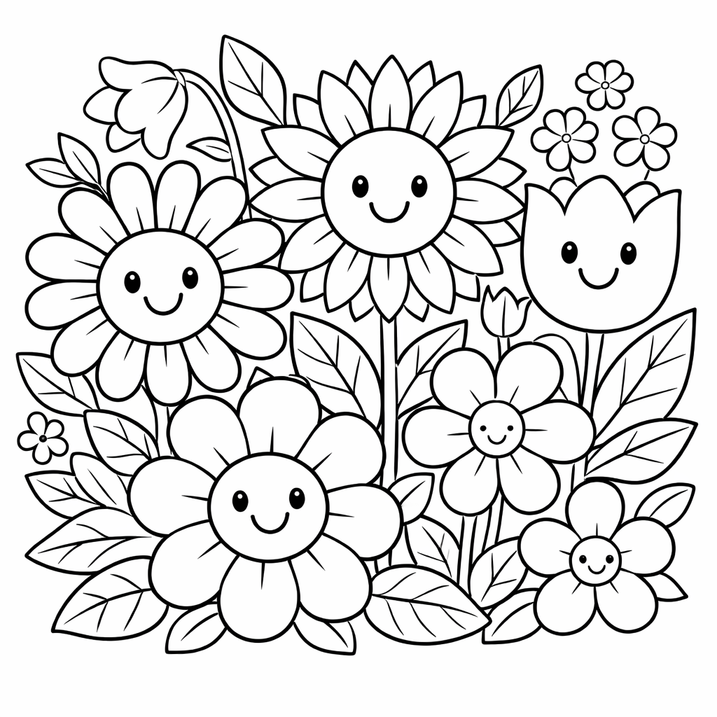 Happy Flowers coloring page: A cheerful arrangement of happy flowers in various shapes and sizes, all smiling under the sun. This scene brings joy and brightness to any coloring page.