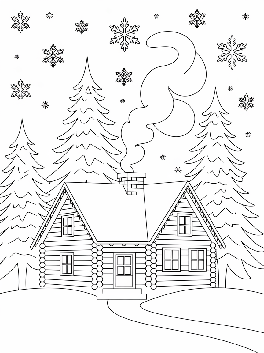 Winter Wonderland Cabin coloring page: A cozy log cabin nestled among towering snow-covered trees, with smoke curling from the chimney and cheerful snowflakes falling from the sky. It captures the warmth of winter.