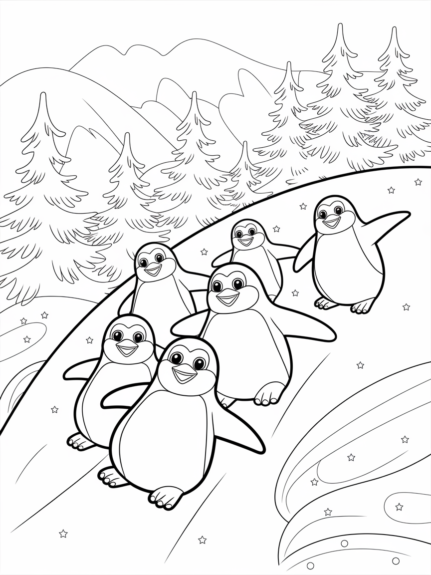 Penguin Snow Slide Fun! coloring page: A group of playful penguins sliding down a snowy hill on their bellies, surrounded by glistening snow and frosty pine trees. They look like they are having a great time.