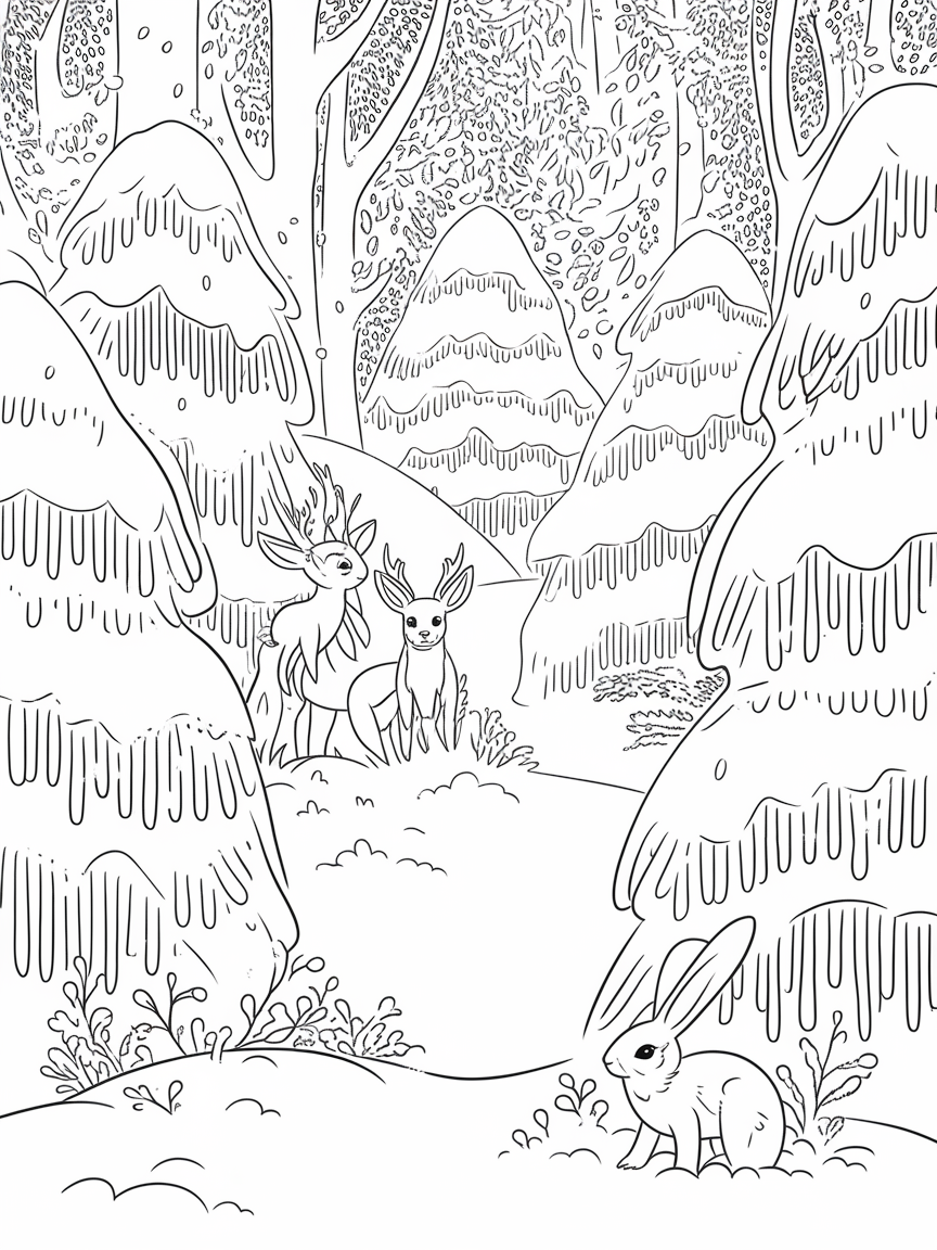 Whimsical Winter Wonderland coloring page: This coloring page features a magical winter forest scene with colorful creatures like rabbits and deer peeking out from behind snow-laden bushes.