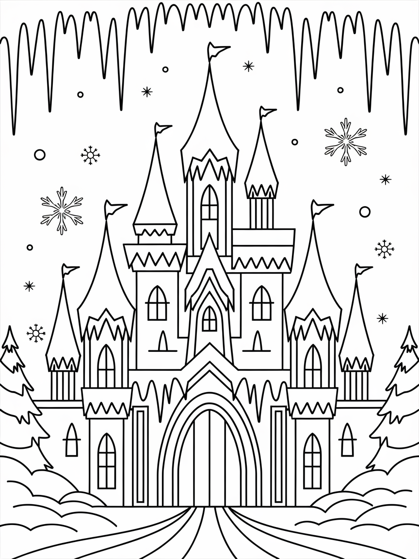 Icy Castle Wonderland coloring page: Color a whimsical winter castle made of ice and snow, complete with elaborate turrets and sparkling icicles.