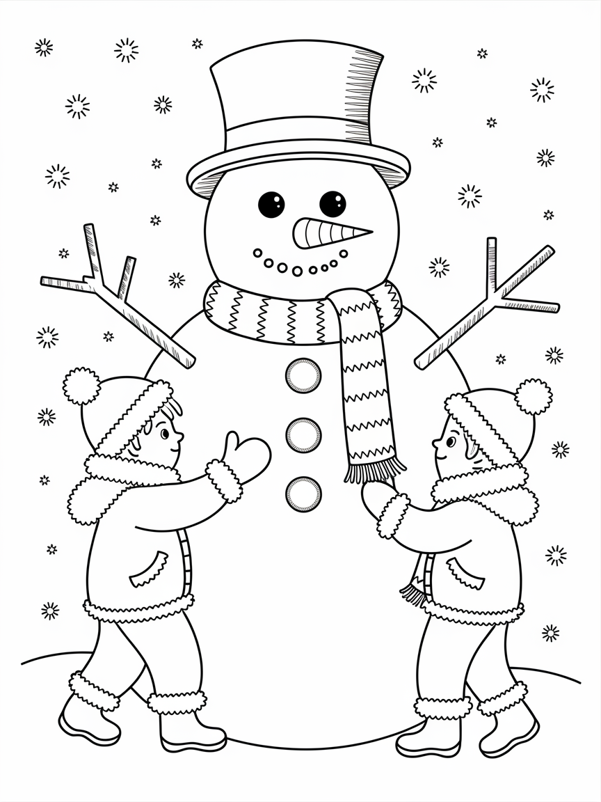 Winter Fun: Snowman Adventure coloring page: Children bundled up in bright winter gear are building a large snowman with a top hat, carrot nose, and scarf.