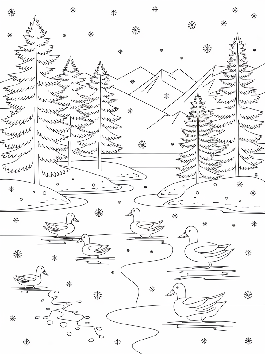 Winter's Tranquil Lakeside Scene coloring page: This scene shows a serene lakeside covered in snow, where ducks waddle on the ice and snowflakes fall gently on the water.