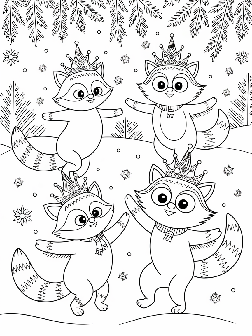 Frosty Fables: Dance Party! coloring page: An enchanting scene of animals, including a raccoon, a fox, and a snowy owl, having a dance party in the snow.