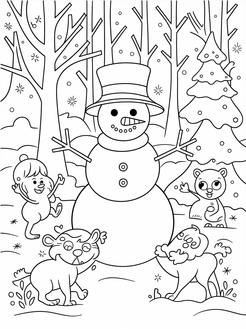 Winter Wonderland Fun! coloring page: Create a friendly snowman wearing a big hat, surrounded by playful woodland animals in a winter forest.