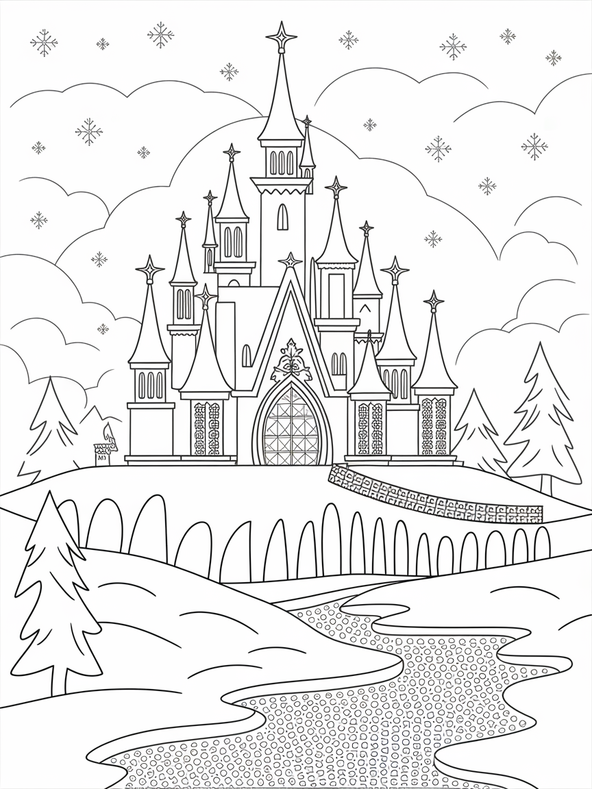 Enchanted Ice Castle Adventure coloring page: Color an enchanted ice castle perched on a snowy hill, adorned with twinkling lights and a shimmering moat.