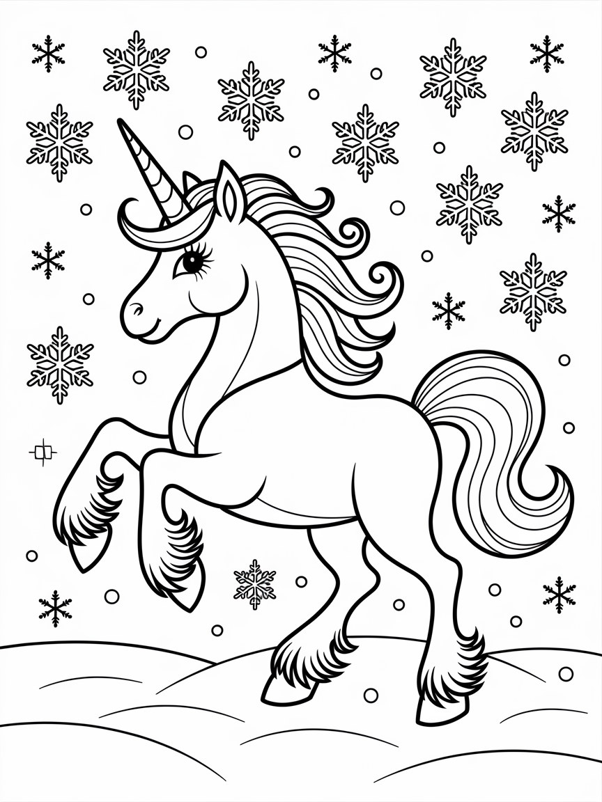 Winter Wonder: Unicorn Quest coloring page: Design a mystical snow unicorn prancing through a sparkling winter landscape with fluffy snowflakes falling around it.