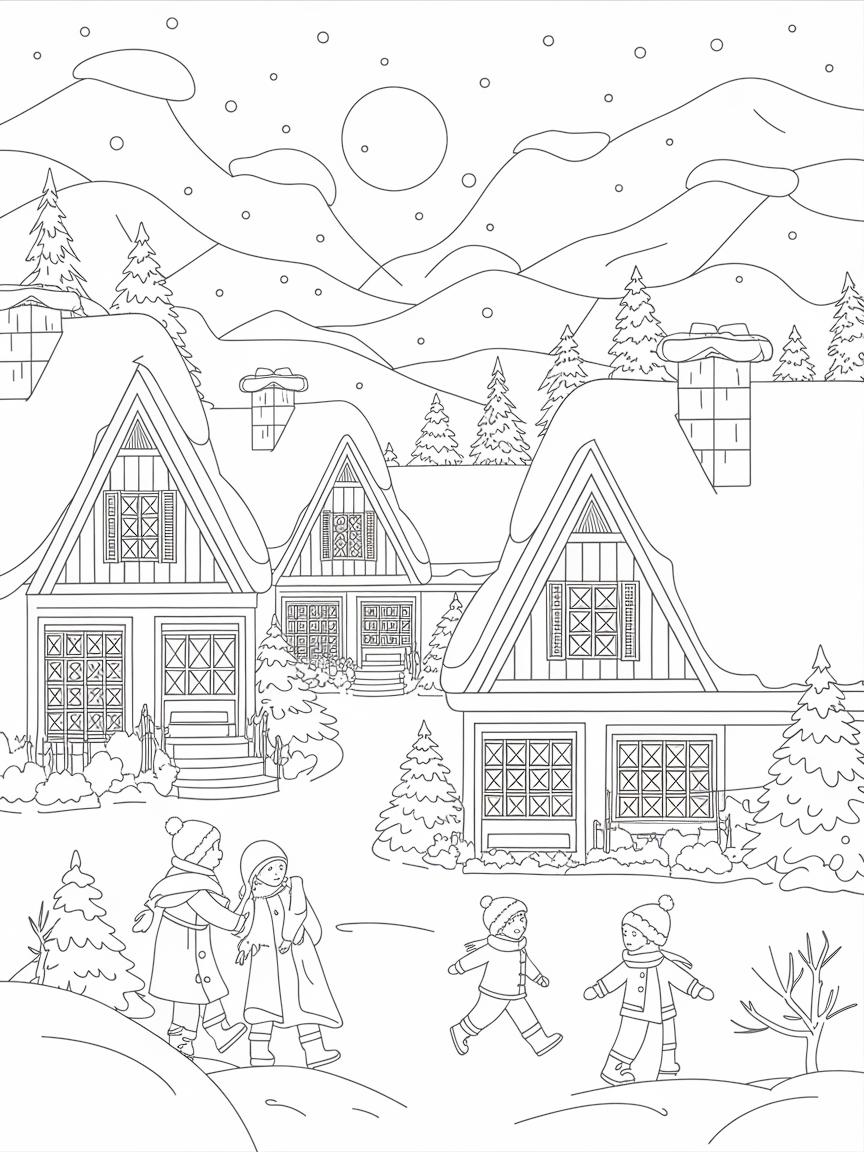 Whimsical Winter Wonderland coloring page: Draw a magical winter village with cozy homes, fluffy snow-covered rooftops, and children playing in the snow.