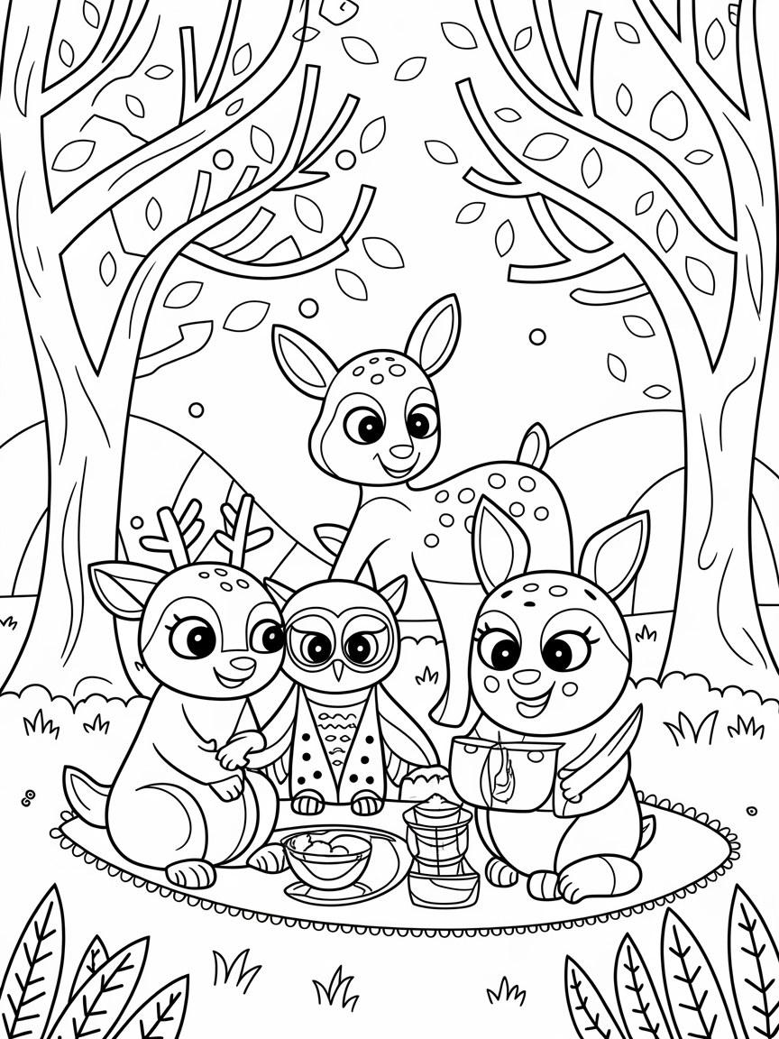 Woodland Picnic Adventure coloring page: A family of cheerful woodland creatures, including deer and owls, enjoying a cozy picnic under frosted trees.