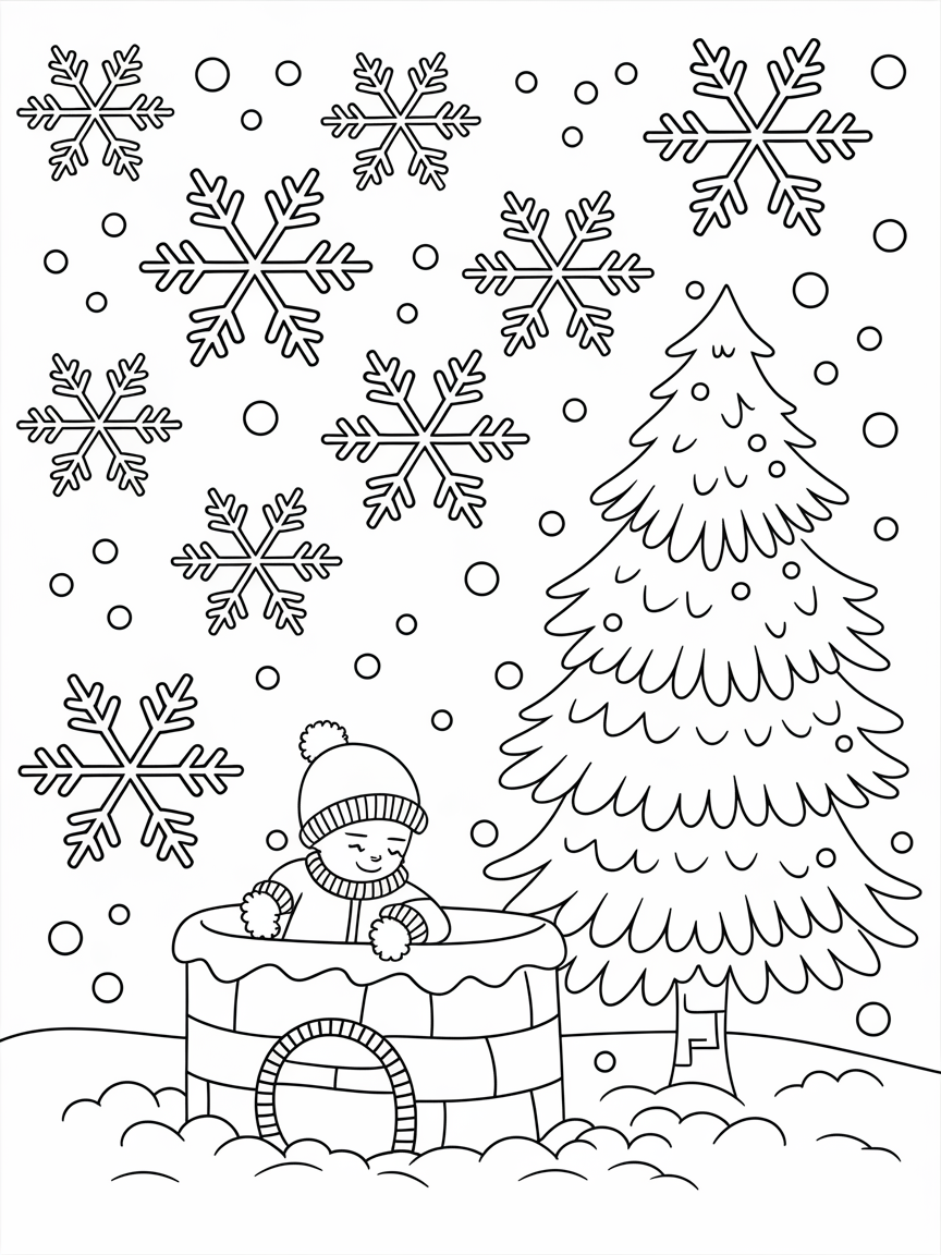 Snowflake Wonderland Adventure! coloring page: A whimsical scene of giant snowflakes fluttering down as a little child builds a snow fort beside a snowy tree.