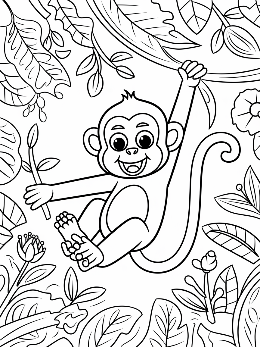 Swinging Jungle Joy coloring page: A cheerful monkey swinging from branch to branch, with bright vines and exotic flowers in a lively jungle.
