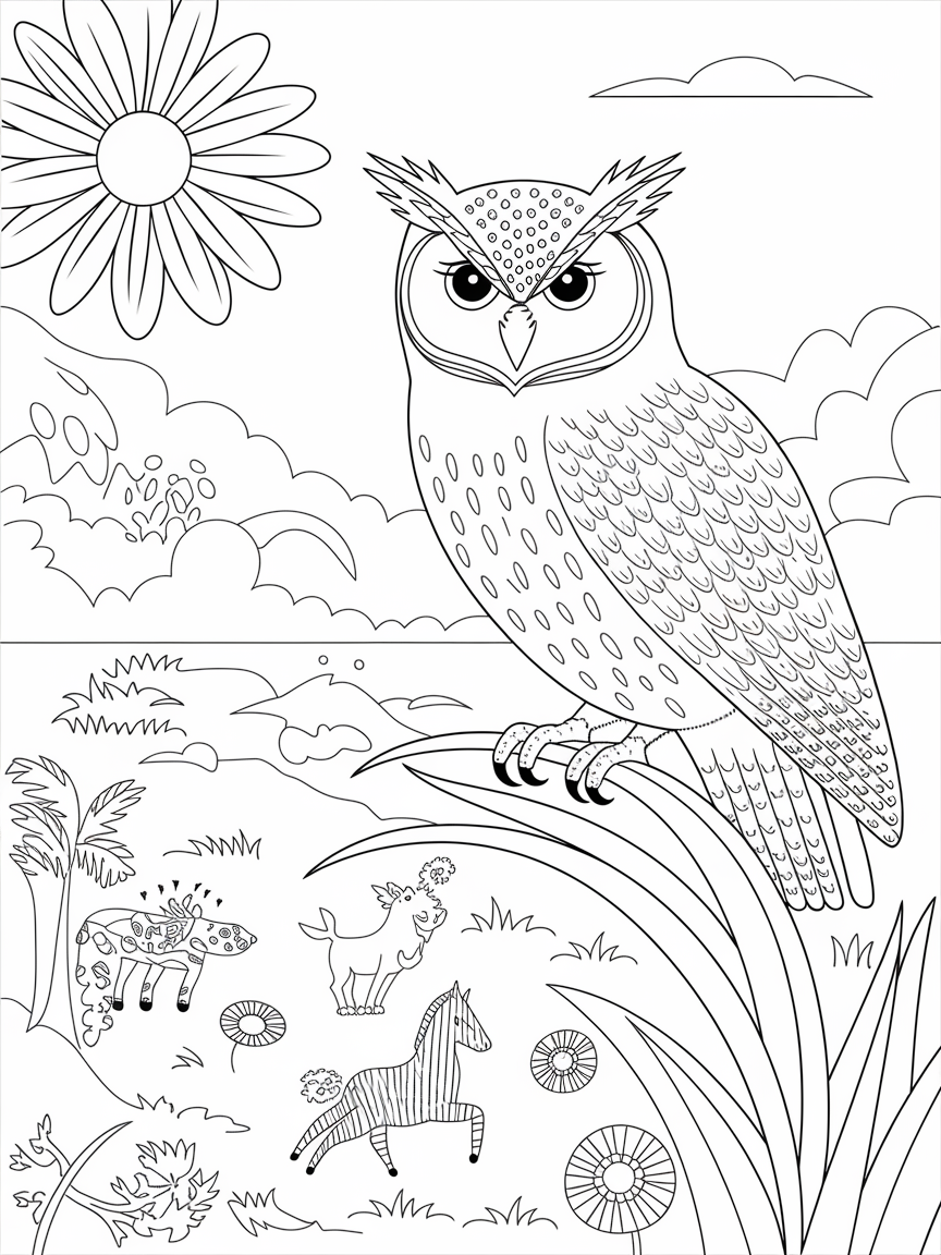 Owl's Safari Watch coloring page: A wise old owl perched on a colorful flower tree, looking down at the lively safari adventure below.