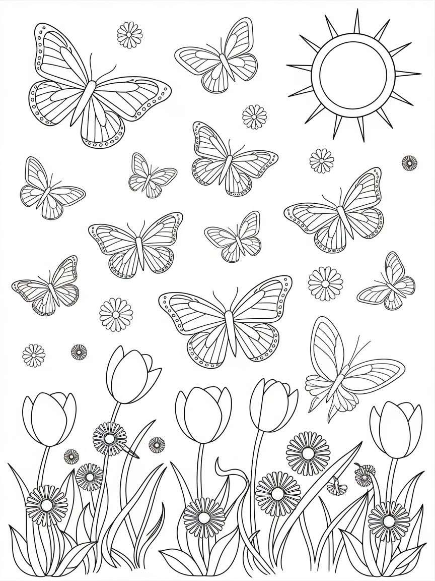 Butterfly Bliss in Bloom coloring page: A magical butterfly garden filled with various butterflies dancing around tulips and daisies under a sunny sky.