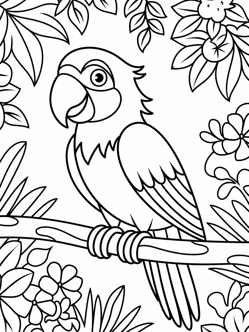 Parrot Paradise Coloring Fun coloring page: A friendly parrot perched on a colorful jungle branch, with a background of lush greenery and whimsical flowers.