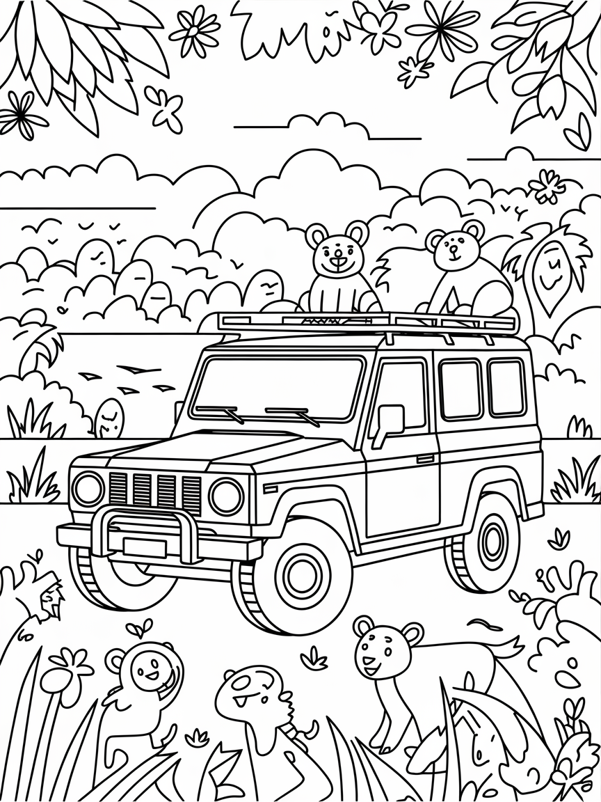 Jungle Joyride Adventure! coloring page: A springtime safari jeep surrounded by happy animals and blooming nature, ready for an adventurous day in the jungle.
