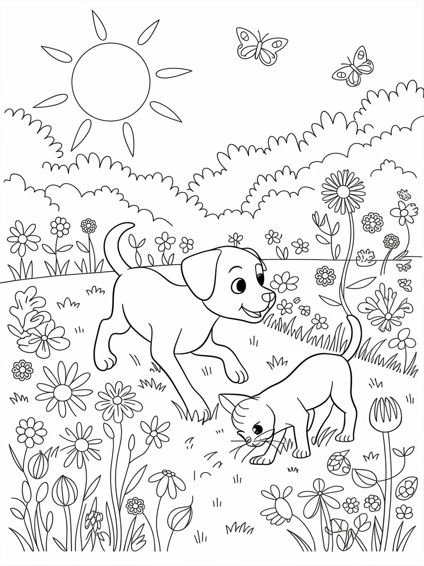 Joyful Garden Adventures coloring page: A sunny garden filled with blooming flowers, where a playful puppy chases butterflies and a curious kitten explores the petals.