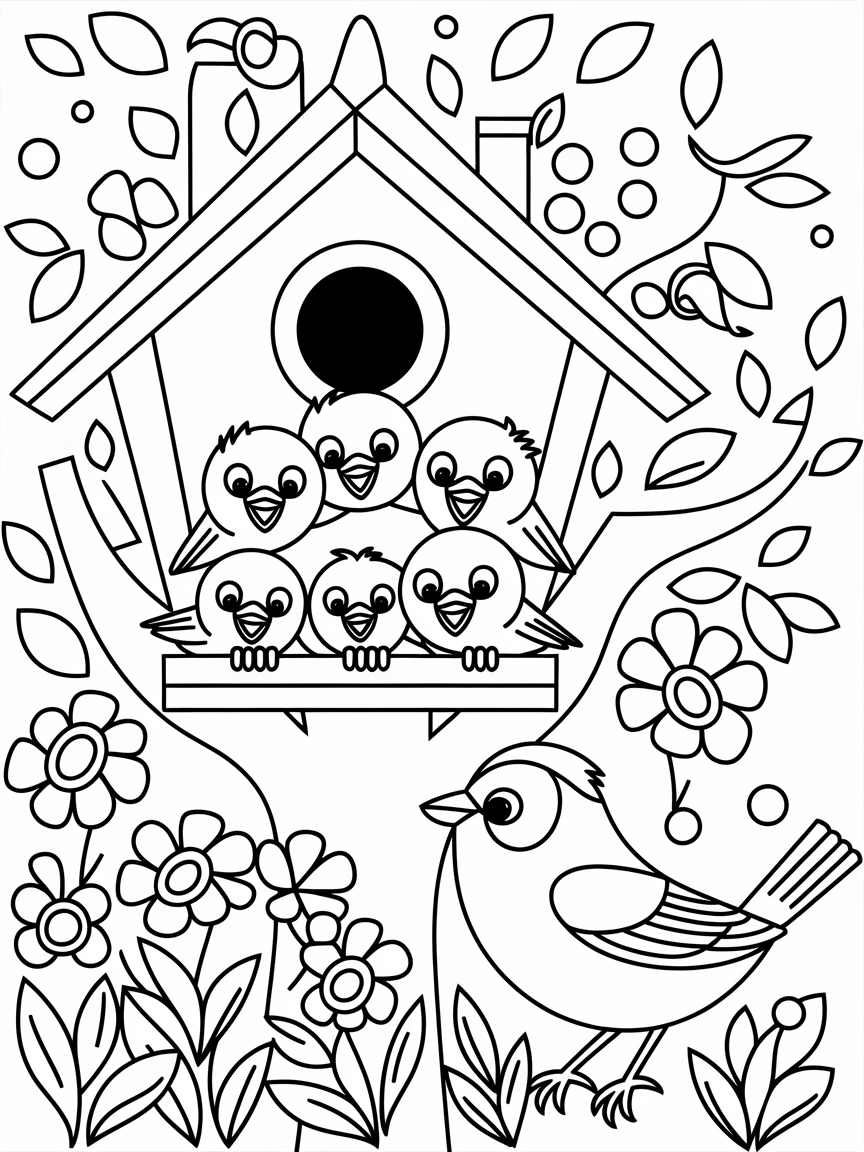 Chirpy Nest Celebration coloring page: A cheerful birdhouse in a tree, overflowing with chirpy baby birds singing as their mother gathers colorful flowers nearby.