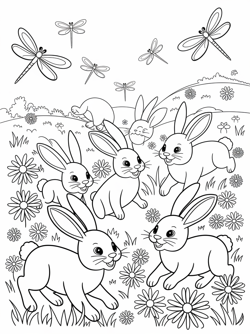 Bunny Bliss in Bloom coloring page: A lively meadow scene featuring a group of happy bunnies frolicking among daisies, while dragonflies dance in the warm spring breeze.