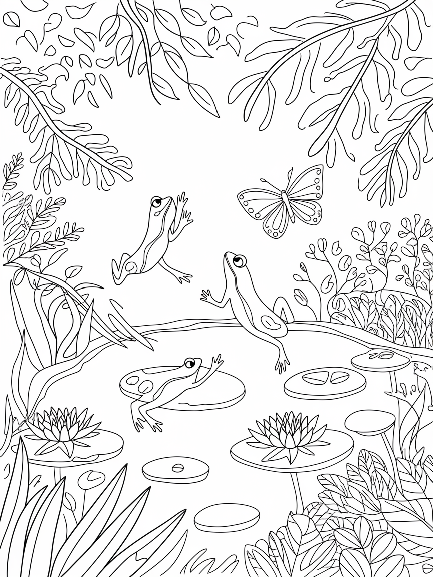 Whimsical Pond Paradise coloring page: A hidden pond surrounded by lush greenery, where frogs leap joyfully and gentle butterflies flutter above colorful water lilies.