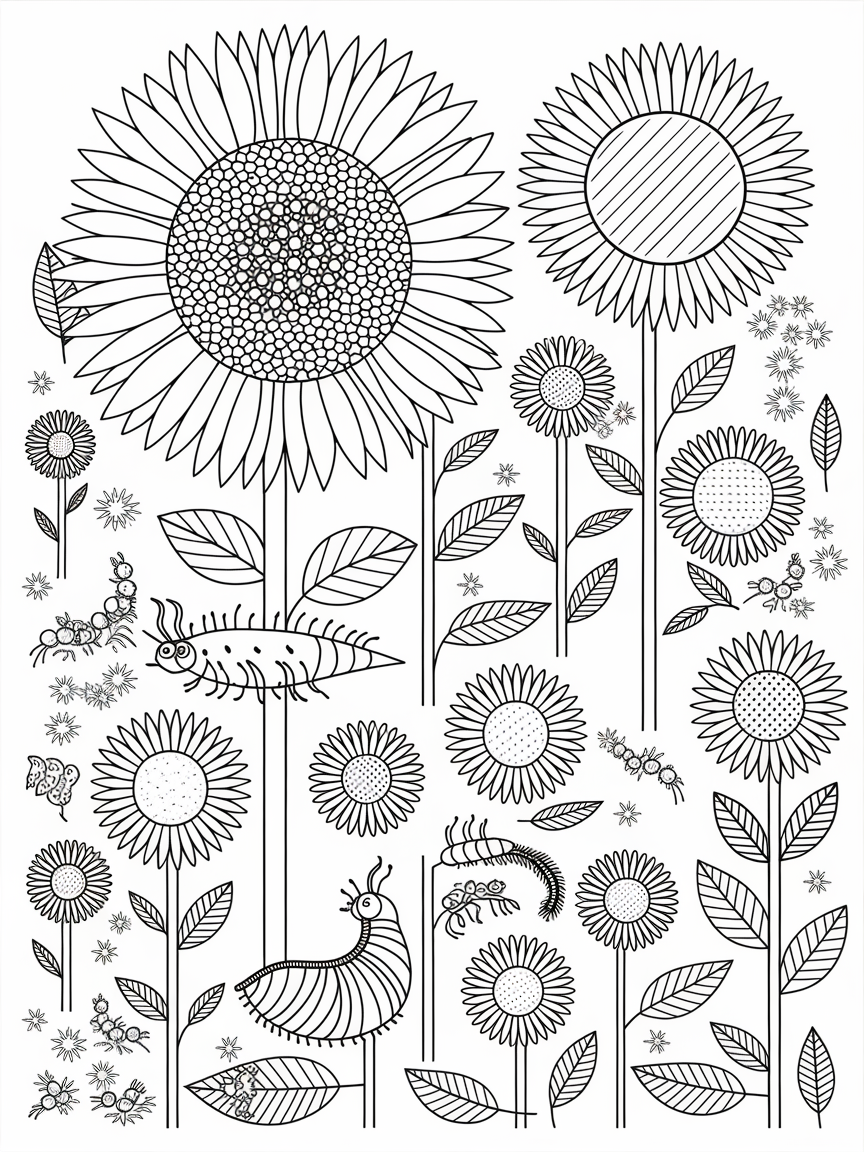 Sunflower Garden Adventure coloring page: A whimsical garden maze made of tall sunflowers, where tiny ants march along their busy paths and caterpillars munch on leaves.