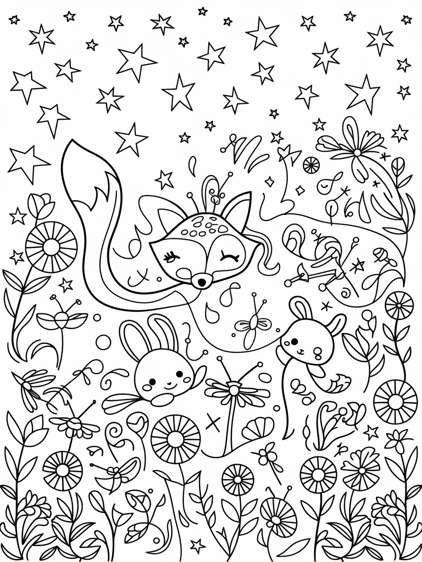 Enchanted Spring Night coloring page: A magical spring night with twinkling stars above, where a playful fox and friendly rabbits gather among glowing fireflies and blooming flowers.