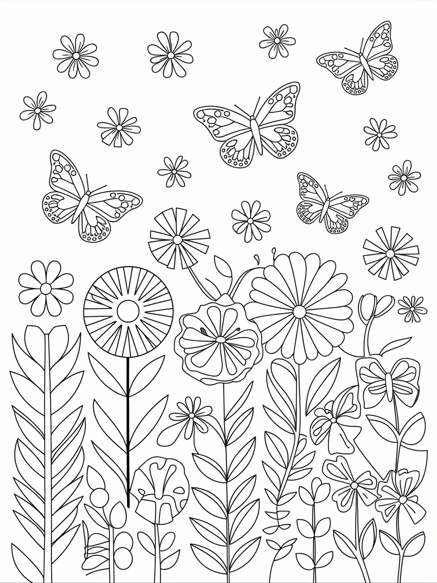 Spring's Joyful Garden Dance coloring page: Color a cheerful garden filled with blooming flowers and butterflies dancing in the spring breeze.