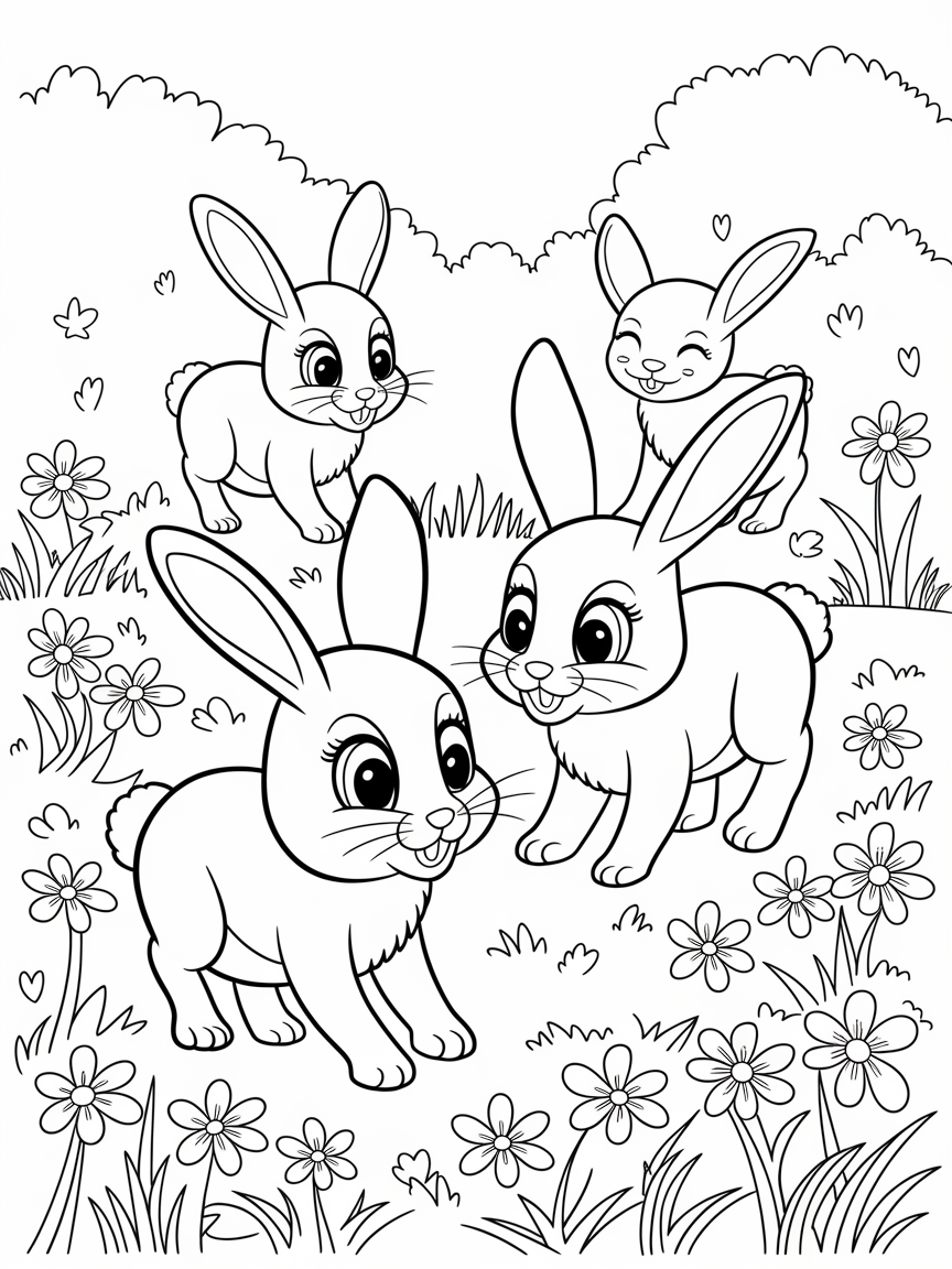 Bunny Meadow Adventure coloring page: Create a playful scene of baby bunnies hopping through a meadow, surrounded by colorful blossoms.