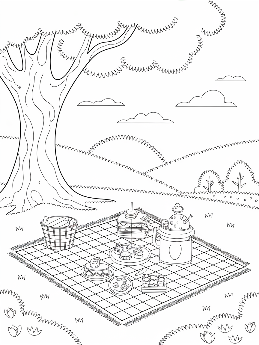 Picnic Paradise Coloring Fun coloring page: Design a fun picnic setup under a big tree, with a checkered blanket and tasty treats for friends.