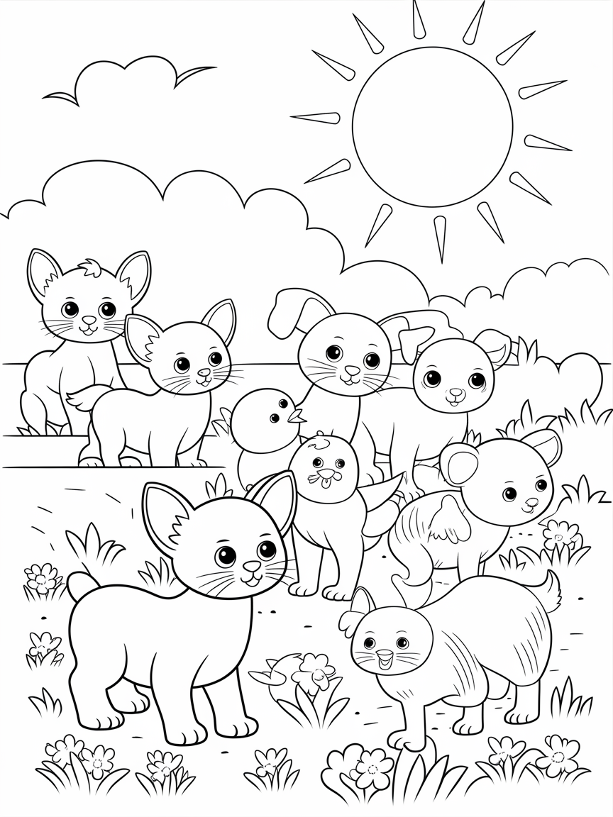 Springtime Baby Animal Adventure coloring page: Illustrate a group of baby animals—kittens, puppies, and chicks—exploring a sunny spring day.
