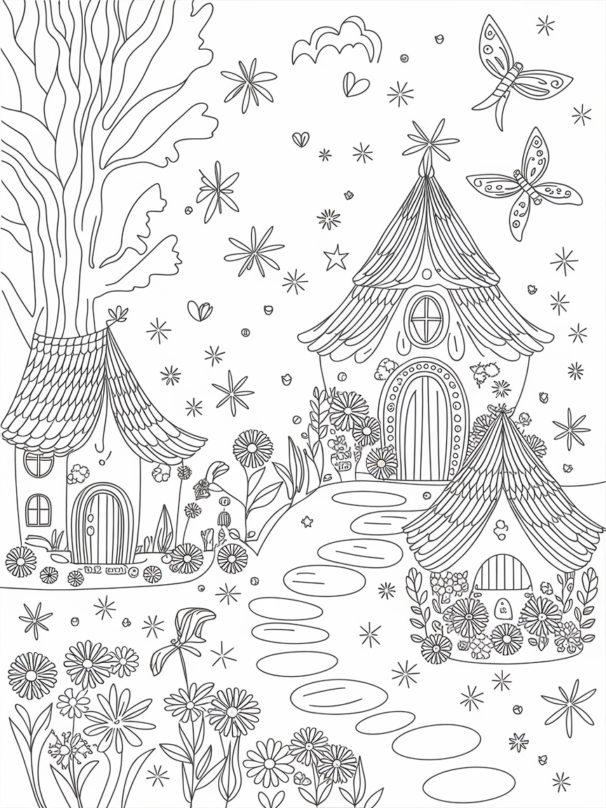 Enchanting Fairy Garden Escape coloring page: This picture shows a magical fairy garden with tiny houses, sparkling flowers, and fluttering butterflies. It's a whimsical scene that invites creativity.