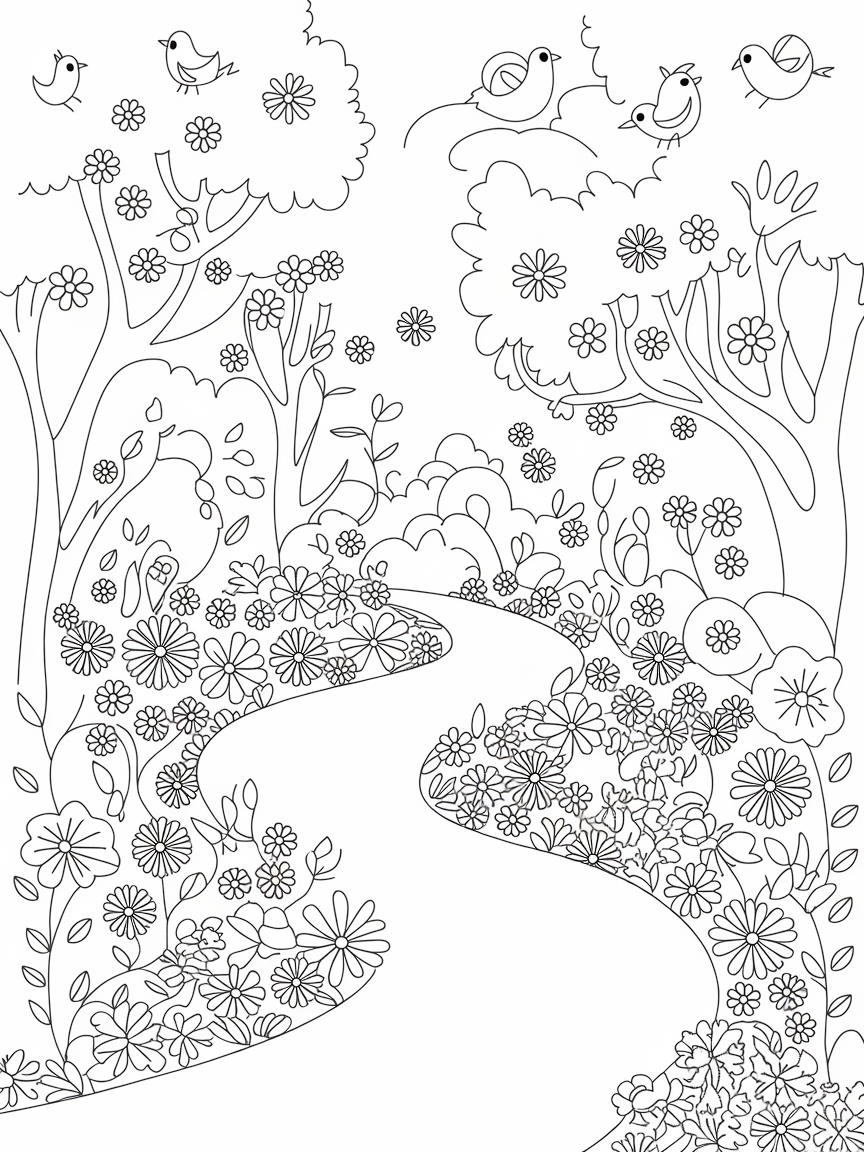 Whimsical Nature Trail coloring page: The image features a winding nature trail lined with vibrant flowers and whimsical birds singing from the trees. It's a cheerful representation of a springtime adventure.