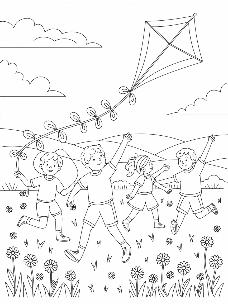 Joyful Kite Adventure! coloring page: This coloring page captures a fantastic kite-flying adventure with children joyfully running in an open field filled with spring flowers. It's a lively scene of outdoor fun.