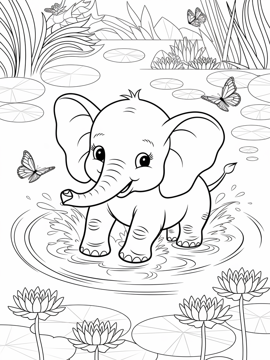 Elephant Splash Adventure coloring page: A playful baby elephant splashes in a crystal-clear pond surrounded by blooming water lilies and vibrant butterflies. It's a delightful scene from a springtime safari.