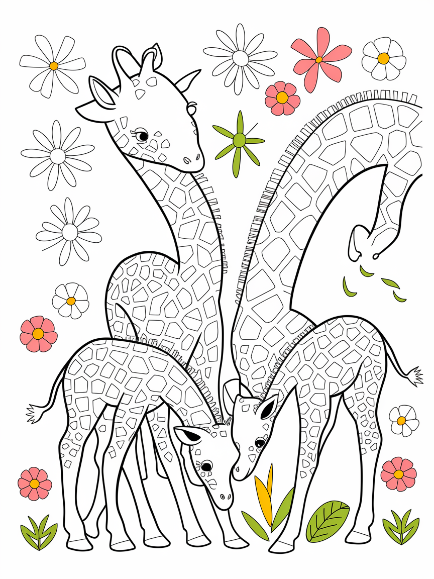 Garden Giraffe Snack Time coloring page: This page shows a family of baby giraffes stretching their long necks to munch on fresh green leaves, with colorful flowers blooming around them. It's a sweet safari moment.