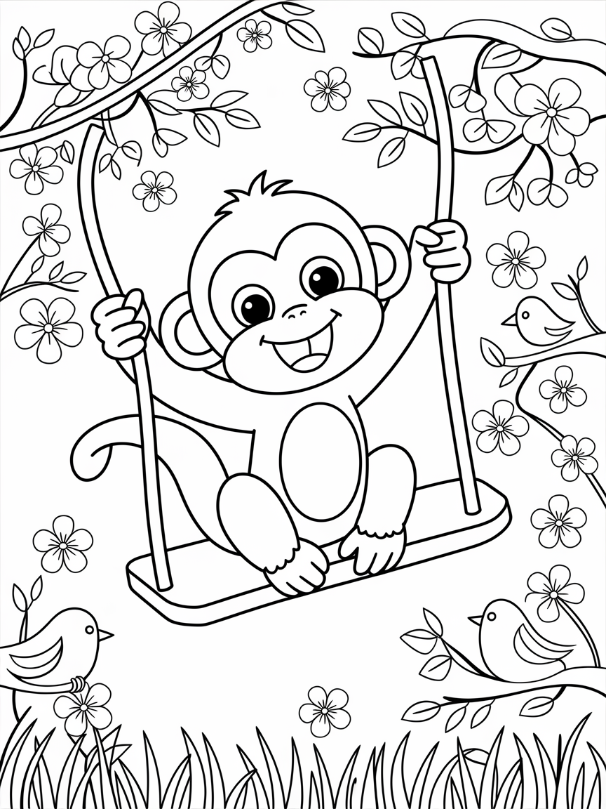 Swinging Monkey Spring Joy coloring page: A cheerful monkey swings from branch to branch, surrounded by spring blossoms and friendly birds singing along. It's a joyful depiction of springtime fun.
