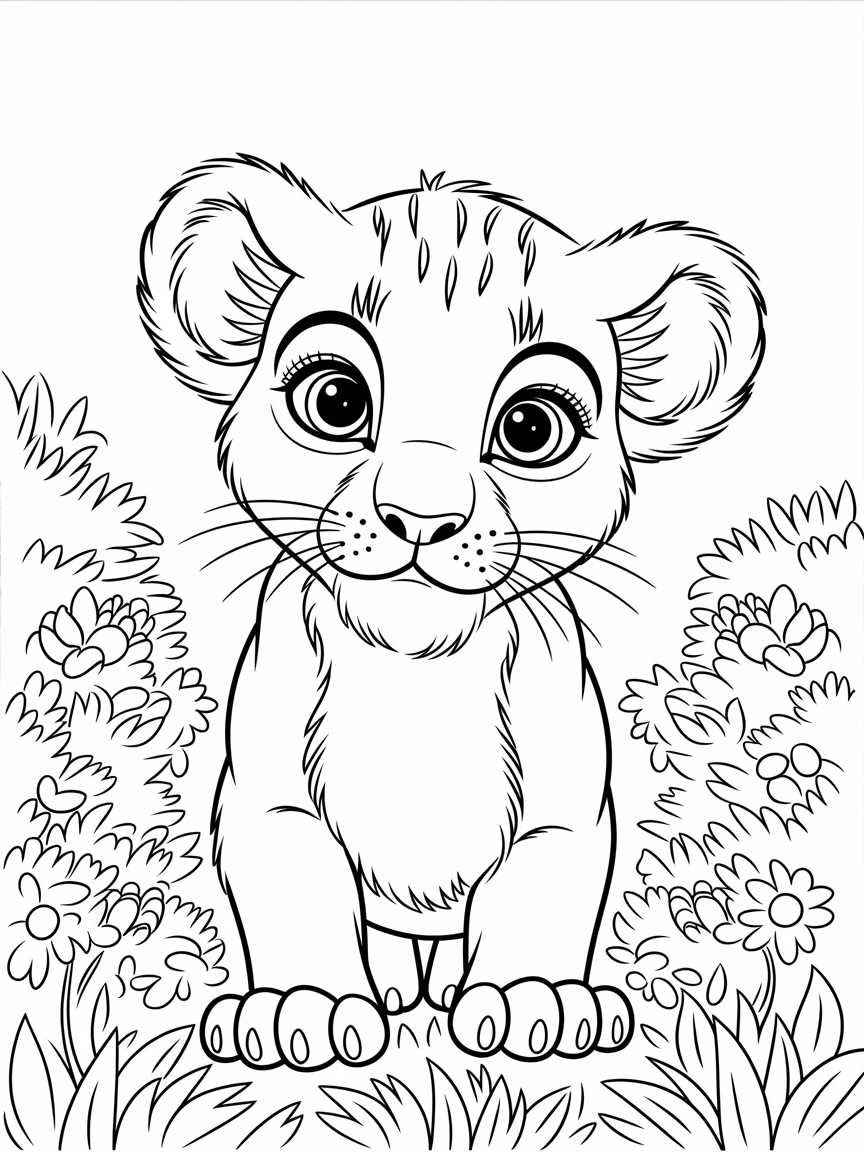 Spring Safari: Lion's Adventure! coloring page: This coloring page features a curious baby lion peeking out from behind lush bushes filled with wildflowers, ready for a springtime safari adventure. It's an exciting scene.